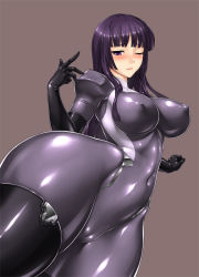 Rule 34 | 1girl, black gloves, blush, bodysuit, breasts, cameltoe, cleft of venus, covered erect nipples, elbow gloves, gloves, hip focus, impossible clothes, kamori sayaka, large breasts, latex, long hair, navel, one eye closed, original, purple eyes, purple hair, rindou (radical dream), simple background, skin tight, solo, thick thighs, thighhighs, thighs, tight clothes, wide hips, wink