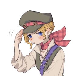 Rule 34 | 1girl, ace attorney, blonde hair, blue eyes, blush, braid, cabbie hat, closed mouth, commentary request, gina lestrade, green hat, green vest, hand on headwear, hand up, hat, highres, long sleeves, looking at viewer, mrokr, red scarf, scarf, shirt, short hair, simple background, solo, the great ace attorney, upper body, v-shaped eyebrows, vest, white background, white shirt