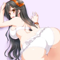 Rule 34 | 10s, 1girl, against wall, ass, bent over, bikini, black hair, breasts, brown eyes, cowboy shot, dd (ijigendd), from behind, hair ornament, hairband, hairclip, haruna (kancolle), huge ass, kantai collection, large breasts, long hair, looking at viewer, looking back, sideboob, simple background, solo, strap gap, swimsuit, thick thighs, thigh gap, thighs, white bikini, wide hips, wristband