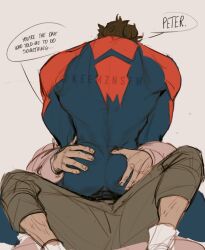 Rule 34 | 2boys, ass, back, bara, black hair, blue bodysuit, bodysuit, brown pants, english text, highres, keemznsfw, male focus, marvel, miguel o&#039;hara, multiple boys, muscular, muscular male, pants, peter b parker, red bodysuit, short hair, sitting, sitting on person, spider-man: across the spider-verse, spider-man (2099), spider-man (series), spider-verse, twitter username, two-tone bodysuit, yaoi