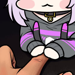 Rule 34 | 1girl, 1other, animal collar, black background, blush stickers, chibi, collar, commentary, head out of frame, holding another&#039;s finger, hololive, hood, hooded sweater, jazz jack, lowres, nekomata okayu, nekomata okayu (1st costume), photo-referenced, pink hair, sweater, virtual youtuber
