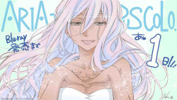 Rule 34 | 1girl, 2020, aria (manga), athena glory, bare shoulders, blue hair, breasts, cleavage, colored inner hair, copyright name, copyright notice, dated, dress, eyelashes, flower, green background, grey eyes, hair between eyes, hands on own chest, hands up, highres, itou youko, long hair, looking at viewer, medium breasts, multicolored hair, official art, promotional art, purple hair, signature, solo, streaked hair, upper body, white dress