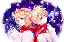 Rule 34 | 1boy, 1girl, bad id, bad pixiv id, blonde hair, blue eyes, brother and sister, hair ornament, hair ribbon, hairclip, highres, kagamine len, kagamine rin, red scarf, ribbon, scarf, serinavvv, shared clothes, shared scarf, short hair, siblings, smile, twins, vocaloid