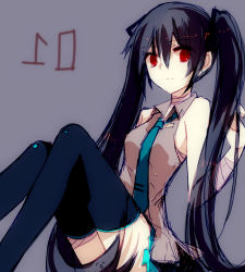 Rule 34 | 1girl, alternate hair color, black hair, detached sleeves, hatsune miku, long hair, necktie, red eyes, sketch, skirt, solo, syutyou, thighhighs, twintails, vocaloid, zettai ryouiki