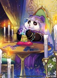 Rule 34 | 1girl, blue eyes, candle, card, copyright name, crystal, curtains, fire, flower, force of will, furry, furry female, gem, jewelry, leaf, lipstick, makeup, matsurika youko, necklace, official art, panda, sitting, tarot, veil