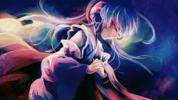 Rule 34 | 1girl, detached sleeves, from side, hanyuu, higurashi no naku koro ni, horns, interlocked fingers, japanese clothes, lips, long hair, long sleeves, looking down, open mouth, own hands clasped, own hands together, parted lips, praying, profile, purple eyes, purple hair, ribbon-trimmed sleeves, ribbon trim, solo, upper body, xyu05