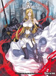 Rule 34 | 1girl, armor, blonde hair, bodysuit, boots, bubble, castle, copyright name, crown, force of will, gloves, hair over eyes, helmet, long hair, official art, open mouth, polearm, solo, spear, sword, teeth, weapon, yellow eyes