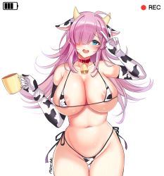 Rule 34 | 1girl, :d, absurdres, ahoge, animal ears, animal print, areola slip, arm up, bad id, bad pixiv id, bare shoulders, bell, bikini, blue eyes, breasts, choker, cleavage, collar, collarbone, counter:side, cow ears, cow horns, cow print, cowbell, cowboy shot, cup, elbow gloves, embarrassed, fake animal ears, fake horns, gloves, gluteal fold, groin, hair over one eye, halterneck, hand up, highres, holding, horns, large breasts, long hair, looking at viewer, maett, micro bikini, miya (counter:side), mug, navel, open mouth, pink hair, red choker, side-tie bikini bottom, skindentation, smile, solo, stomach, string bikini, swimsuit, thigh gap, thighs, v, very long hair, white gloves