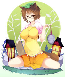 Rule 34 | 1girl, absurdres, alcohol, animal ears, bamboo, bottle, breasts, brown dress, brown eyes, brown hair, dress, faux figurine, female focus, futatsuiwa mamizou, glasses, highres, holding, impossible clothes, impossible shirt, kusano (torisukerabasu), lamp, large breasts, leaf, leaf on head, notebook, notepad, object on head, pince-nez, raccoon ears, raccoon tail, rock, sake, shirt, short hair, sitting, skirt, smile, solo, spread legs, tail, touhou, wariza