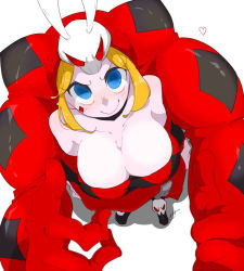 Rule 34 | 1girl, alternate color, blonde hair, blue eyes, blush, breasts, cerebella (skullgirls), cleavage, from above, hat, heart, iii (artist), large breasts, looking at viewer, looking up, skullgirls, smile, solo, vice-versa (skullgirls), white background