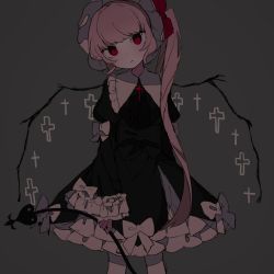 Rule 34 | 1girl, alternate costume, alternate wings, black dress, bow, busujima (kusahana), commentary request, cross, dress, dress bow, flandre scarlet, frilled dress, frilled sleeves, frills, gothic lolita, grey background, hat, highres, holding, laevatein (touhou), lolita fashion, long hair, long sleeves, looking at viewer, one side up, pantyhose, puffy sleeves, red bow, red eyes, short hair with long locks, simple background, solo, touhou, very long hair, white bow, white hat, white pantyhose, wide sleeves, wings