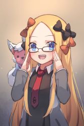 Rule 34 | 1girl, abigail williams (fate), black bow, black dress, blonde hair, blue eyes, blush, bow, breasts, cosplay, dress, fate/grand order, fate (series), forehead, fou (fate), fou (fate) (cosplay), glasses, hair bow, highres, jacket, long hair, long sleeves, looking at viewer, mash kyrielight, mash kyrielight (cosplay), miya (miyaruta), multiple bows, necktie, open clothes, open jacket, open mouth, orange bow, parted bangs, sidelocks, small breasts, smile, stuffed animal, stuffed toy, teddy bear