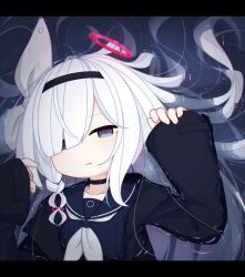 Rule 34 | 1girl, arm up, black hairband, black jacket, black sailor collar, black shirt, blue archive, braid, commentary request, grey eyes, hair over one eye, hair ribbon, hairband, half-closed eyes, halo, hand up, highres, inumi noko, jacket, letterboxed, long hair, long sleeves, looking at viewer, neckerchief, parted lips, pinching sleeves, plana (blue archive), ribbon, sailor collar, school uniform, serafuku, shallow water, shirt, single braid, sleeves past wrists, solo, twitter username, upper body, water, white hair, white neckerchief, white ribbon