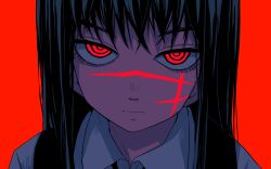 Rule 34 | 1girl, black hair, chainsaw man, closed mouth, collared shirt, cross scar, facial scar, highres, long hair, looking at viewer, portrait, red background, red eyes, ringed eyes, scar, scar on cheek, scar on face, shirt, simple background, solo, yachima tana, yoru (chainsaw man)