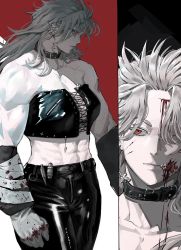 Rule 34 | 1girl, blood, breasts, corset, deep wound, dorohedoro, hair between eyes, highres, injury, long hair, looking at viewer, muscular, muscular female, noi (dorohedoro), park ongjol, red eyes, simple background, solo, white hair