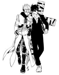 Rule 34 | 2boys, ^ ^, arm around shoulder, boots, cigarette, closed eyes, coat, collared shirt, cross punisher, earrings, fingerless gloves, full body, gloves, greyscale, grin, gudoggyebal, highres, jacket, jewelry, large cross, long sleeves, male focus, mole, mole under eye, monochrome, mouth hold, multiple boys, nicholas d. wolfwood, pants, shirt, simple background, single earring, smile, spiked hair, standing, sunglasses, trigun, v-shaped eyebrows, vash the stampede