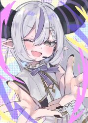Rule 34 | 1girl, absurdres, ahoge, black horns, black nails, braid, braided bangs, fang, grey hair, headset, highres, hololive, hololive idol uniform, horns, la+ darknesss, long hair, multicolored hair, neck ribbon, nemuta muu, official alternate costume, one eye closed, open mouth, pointy ears, purple hair, reaching, reaching towards viewer, ribbon, solo, streaked hair, striped horns, virtual youtuber, yellow eyes