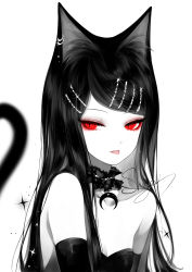 Rule 34 | 1girl, :p, animal ears, artist name, bare shoulders, cat ears, choker, commentary, dress, frilled choker, frills, hair ornament, hairclip, highres, long hair, original, red eyes, sheya, signature, solo, spot color, strapless, strapless dress, swept bangs, tongue, tongue out, upper body