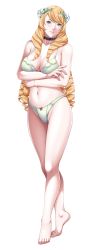 Rule 34 | 1girl, bare shoulders, barefoot, blonde hair, blue eyes, blush, bra, breasts, choker, crossed arms, daiunji eru, drill hair, feet, flower, game cg, highres, large breasts, legs, long hair, looking at viewer, navel, p/a: potential ability, panties, sei shoujo, simple background, solo, thighs, toes, underwear