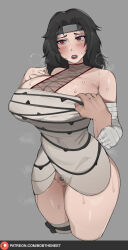 Rule 34 | 1girl, alternate breast size, black hair, blush, bob (bobtheneet), breasts, censored, highres, large breasts, lips, lipstick, makeup, naruto (series), naruto shippuuden, red eyes, red lips, simple background, thick thighs, thighs, yuuhi kurenai