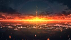 Rule 34 | chinese commentary, cloud, commentary request, highres, lens flare, light particles, no humans, original, outdoors, rune xiao, scenery, signature, sky, star (sky), starry sky, still life, sunset