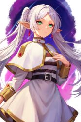Rule 34 | 1girl, belt, belt buckle, breasts, buckle, capelet, commentary, earrings, elf, frieren, gold trim, green eyes, highres, jewelry, leonmandala, long sleeves, mixed-language commentary, parted bangs, pointy ears, serious, shirt, skirt, small breasts, solo, sousou no frieren, striped clothes, striped shirt, twintails, upper body, white capelet, white hair, white skirt