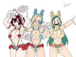 Rule 34 | 10s, 3girls, :o, animal ears, animal hands, aqua hair, armpits, arms up, belt, blonde hair, boku no hero academia, breasts, brown hair, cameltoe, cat ears, cat paws, cat tail, commentary, cowboy shot, fake animal ears, headphones, heart, highres, kami (thorchata), large breasts, licking lips, mandalay (boku no hero academia), multiple girls, nipples, open mouth, paw pose, pixie-bob (boku no hero academia), pouch, ragdoll (boku no hero academia), short hair, simple background, slingshot swimsuit, swimsuit, tail, tinted eyewear, tongue, tongue out, visor, white background