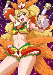 Rule 34 | 1girl, :d, blonde hair, blush, brooch, cowboy shot, cure honey, cure honey (coconut samba), dengeki gx, dual wielding, earrings, happinesscharge precure!, heart, heart brooch, holding, holding wand, jewelry, layered skirt, long hair, looking at viewer, magical girl, midriff, miniskirt, navel, oomori yuuko, open mouth, precure, purple background, skirt, smile, solo, wand, wrist cuffs, yellow eyes