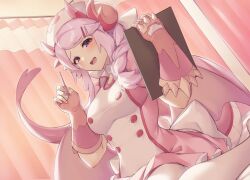 Rule 34 | 1girl, blush, braid, breasts, clipboard, commentary, curtains, dragon girl, dragon horns, dragon tail, dragon wings, dress, duel monster, fingerless gloves, fingernails, gloves, hair ornament, hairclip, hands up, hat, holding, holding clipboard, holding pen, horns, large breasts, looking at viewer, medium breasts, nurse, nurse cap, nurse dragonmaid, open mouth, pen, pink hair, pink tail, pink wings, pinta (ayashii bochi), purple eyes, sidelocks, sitting, solo, tail, wariza, wings, yu-gi-oh!