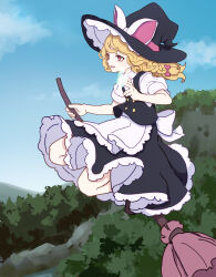 Rule 34 | 1girl, :d, absurdres, apron, black vest, blonde hair, broom, broom riding, cloud, commentary request, day, hair ribbon, hat, highres, kame (kamepan44231), kirisame marisa, long hair, looking ahead, open mouth, orange eyes, outdoors, puffy short sleeves, puffy sleeves, ribbon, short sleeves, sky, smile, solo, touhou, tress ribbon, unfinished dream of all living ghost, vest, waist apron, witch hat