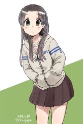 Rule 34 | 1girl, alternate costume, alternate hairstyle, ayanami (kancolle), beige background, black hair, brown skirt, commentary request, dated, forehead, green background, green eyes, hair down, hands in pockets, highres, hood, hooded jacket, hoodie, jacket, kantai collection, kirigaya yuuji, leaning forward, long hair, looking at viewer, pleated skirt, skirt, solo, standing, twitter username, two-tone background, white jacket