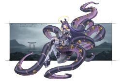 Rule 34 | 1girl, absurdres, adapted costume, breasts, costume request, halo, highres, hololive, hololive english, long hair, low wings, mechanical halo, mechanical tentacles, mole, mole under eye, multicolored hair, ninomae ina&#039;nis, platform clogs, purple hair, small breasts, solo, tentacle hair, torii, very long hair, virtual youtuber, wings, zen (jirakun)