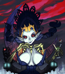 Rule 34 | 1girl, alex ahad, black lips, black sclera, blue skin, breasts, colored sclera, colored skin, crown, dress, elf, large breasts, lipstick, makeup, odette, odette (odin sphere), odin sphere, pointy ears, queen, red eyes, revision, ribs, skeleton, smile, solo