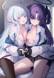 Rule 34 | 2girls, black gloves, black halo, black pantyhose, blue archive, breasts, cleavage, closed mouth, commentary request, gloves, halo, highres, holding hands, interlocked fingers, long hair, long sleeves, looking at viewer, mechanical halo, medium breasts, multiple girls, noa (blue archive), open mouth, pantyhose, purple eyes, purple hair, shirt, sitting, takashima shoa, thighs, white hair, white halo, white shirt, yuuka (blue archive)