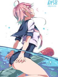 Rule 34 | 10s, 1girl, ahoge, ass, character name, from side, highres, i-58 (kancolle), kantai collection, looking at viewer, looking back, nape, partially submerged, partially underwater shot, pink eyes, pink hair, school swimsuit, school uniform, serafuku, short hair, simple background, solo, straddling, super zombie, swimsuit, swimsuit under clothes, torpedo, type 95 torpedo, underwater, water, watermark, white background