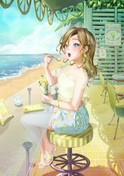 Rule 34 | 1girl, absurdres, bar stool, beach, blue eyes, blush, bracelet, brown hair, cellphone, chair, choker, crossed ankles, cup, day, earrings, eating, food, food-themed earrings, food themed earrings, fruit, glass table, hair ornament, hairclip, high heels, highres, holding, holding food, holding spoon, jewelry, lace, lace-trimmed shirt, lace trim, layered shirt, lemon, lemon earrings, lemon print, lemon slice, long hair, multiple riders, ocean, open mouth, original, outdoors, palm tree, parfait, parted bangs, phone, poffso, poster (object), sand, see-through, see-through shirt, shirt, short sleeves, side-tie skirt, sitting, sky, smartphone, solo, spoon, stool, summer, table, tank top, thumb ring, tree