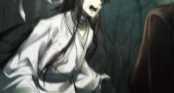 Rule 34 | 2boys, bandage on neck, brown hair, cave, chinese clothes, collarbone, crying, hanfu, head out of frame, highres, hua cheng, korean commentary, lerira9, long hair, long sleeves, motion blur, multiple boys, open mouth, ribbon, robe, screaming, standing, streaming tears, tears, tianguan cifu, white hanfu, white ribbon, white robe, wide sleeves, xie lian