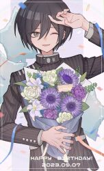 Rule 34 | 1boy, ;d, black hair, bouquet, brown eyes, confetti, danganronpa (series), danganronpa v3: killing harmony, dated, flower, hair between eyes, hand up, happy birthday, highres, holding, holding bouquet, jacket, long sleeves, male focus, one eye closed, open mouth, purple flower, saihara shuichi, short hair, smile, striped clothes, striped jacket, upper body, white flower, xiao (grsnss25)