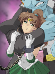 Rule 34 | 1girl, asphyxiation, bishoujo senshi sailor moon, blue skin, brown hair, chain, chained, choking, clenched teeth, collar, colored skin, cowboy shot, cuffs, earrings, gloves, gradient background, green eyes, green skirt, hands up, height difference, high ponytail, highres, jewelry, kino makoto, leotard, long hair, looking at viewer, parted lips, ponytail, sailor jupiter, simple background, skirt, slave, solo focus, standing, tarekatsu, teeth, tiara