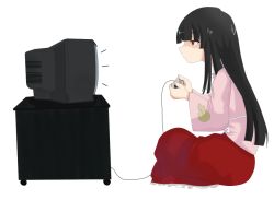 Rule 34 | 1girl, bad id, bad pixiv id, black hair, female focus, game console, houraisan kaguya, long hair, neet, on floor, playing, playing games, sitting, solo, super famicom, super masara, television, touhou