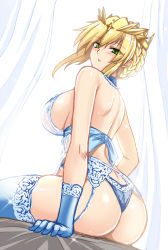 Rule 34 | 1girl, artoria pendragon (fate), artoria pendragon (lancer) (fate), artoria pendragon (lancer alter) (fate), artoria pendragon (lancer alter) (royal icing) (fate), ass, babydoll, back, bare shoulders, blonde hair, blue gloves, blue panties, blue thighhighs, blush, braid, braided bun, breasts, crown, curtains, fate/grand order, fate (series), french braid, garter belt, gloves, green eyes, hair between eyes, hair bun, hellandheaven, highres, large breasts, lingerie, long hair, looking at viewer, looking back, official alternate costume, open mouth, panties, royal icing, see-through, sideboob, sidelocks, sitting, solo, swept bangs, thighhighs, thighs, underwear