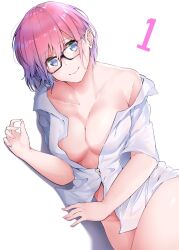 Rule 34 | 1girl, bare shoulders, breasts, cleavage, collarbone, fate/grand order, fate (series), glasses, hair over one eye, highres, large breasts, len (hand linke), looking at viewer, lying, mash kyrielight, off shoulder, purple eyes, purple hair, shirt, short hair, smile, solo, thighs, white shirt