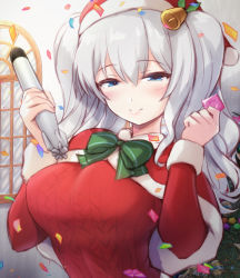 Rule 34 | 1girl, bell, blue eyes, blush, bow, bowtie, breasts, capelet, christmas, condom, condom wrapper, confetti, hair bell, hair between eyes, hair ornament, hat, hhh (wave), holding, holding condom, holding torpedo, indoors, kantai collection, kashima (kancolle), large breasts, long hair, long sleeves, red sweater, santa costume, santa hat, silver hair, smile, solo, sweater, torpedo, twintails, window