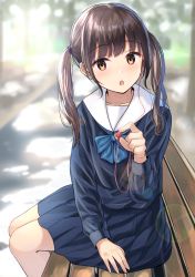 Rule 34 | 1girl, :o, bare legs, bench, black shirt, blue bow, blue bowtie, blue skirt, blurry, blurry background, blush, bow, bowtie, brown eyes, brown hair, burenbo, collarbone, commentary request, depth of field, earphones, hand up, highres, holding, long hair, long sleeves, looking at viewer, original, parted lips, pleated skirt, sailor collar, school uniform, serafuku, shirt, sidelocks, sitting, skirt, solo, twintails, white sailor collar