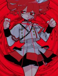 Rule 34 | 1girl, bow, buttoned cuffs, buttons, cowboy shot, double-breasted, drill hair, grey jacket, grey skirt, hands up, highres, jacket, kasane teto, kasane teto (sv), layered skirt, looking to the side, midriff peek, musical staff print, red background, red hair, red trim, short hair, shoulder belt, shoulder boards, shoulder strap, simple background, skirt, sleeve cuffs, smile, solo, striped, synthesizer v, takamiya yuu, thread, twin drills, uniform, utau, white bow