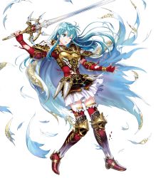 Rule 34 | 1girl, armor, asatani tomoyo, breastplate, cape, eirika (fire emblem), fire emblem, fire emblem: the sacred stones, fire emblem heroes, full body, gloves, highres, holding, holding sword, holding weapon, long hair, nintendo, official art, short sleeves, shoulder pads, skirt, solo, sword, thighhighs, torn cape, torn clothes, torn skirt, transparent background, weapon, zettai ryouiki