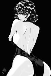Rule 34 | 1girl, absurdres, angry, ass, black background, black dress, black hair, breasts, crossed arms, dress, from behind, fubuki (one-punch man), greyscale, highres, looking at viewer, monochrome, mostlybluewyatt, one-punch man, open clothes, open dress, short hair, sideboob, signature