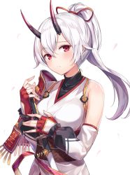 Rule 34 | 1girl, absurdres, ale nqki, blush, breasts, closed mouth, fate/grand order, fate (series), fingerless gloves, gloves, highres, holding, holding sword, holding weapon, horns, large breasts, long hair, looking at viewer, ponytail, red gloves, sheath, sheathed, sleeveless, solo, sword, tomoe gozen (fate), upper body, weapon, white hair