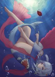 Rule 34 | 1girl, absurdres, ahoge, baeg mi, bare legs, barefoot, blue eyes, blue hair, bottomless, bubble, closed mouth, commentary request, feet, fins, fish tail, full body, gawr gura, gem, highres, hololive, hololive english, knees up, light blue hair, long sleeves, looking at viewer, medium hair, multicolored hair, outdoors, pocket, shark girl, shark print, shark tail, smile, solo, streaked hair, tail, toes, two-tone background, underwater, upside-down, virtual youtuber, wide sleeves