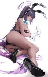 Rule 34 | 1girl, absurdres, animal ears, ass, bare legs, bare shoulders, black footwear, black hair, black leotard, blue archive, blue bow, blue bowtie, bow, bowtie, breasts, cleavage, cup, dark-skinned female, dark skin, detached collar, fake animal ears, full body, gloves, gradient hair, hair between eyes, halo, high heels, highleg, highleg leotard, highres, holding, holding cup, karin (blue archive), karin (bunny) (blue archive), large breasts, legs, leotard, limart, long hair, looking at viewer, lying, multicolored hair, official alternate costume, on side, parted lips, patent heels, playboy bunny, pumps, purple hair, rabbit ears, rabbit tail, shoes, solo, stiletto heels, strapless, strapless leotard, tail, thighs, traditional bowtie, very long hair, white background, white gloves, yellow eyes